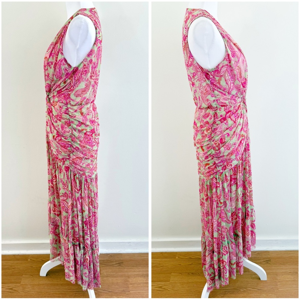 MISA PINK GREEN VINTAGE PAISLEY PRINT AVA MESH TWIST FRONT SLEEVELESS MIDI DRESS - Picture 4 of 14